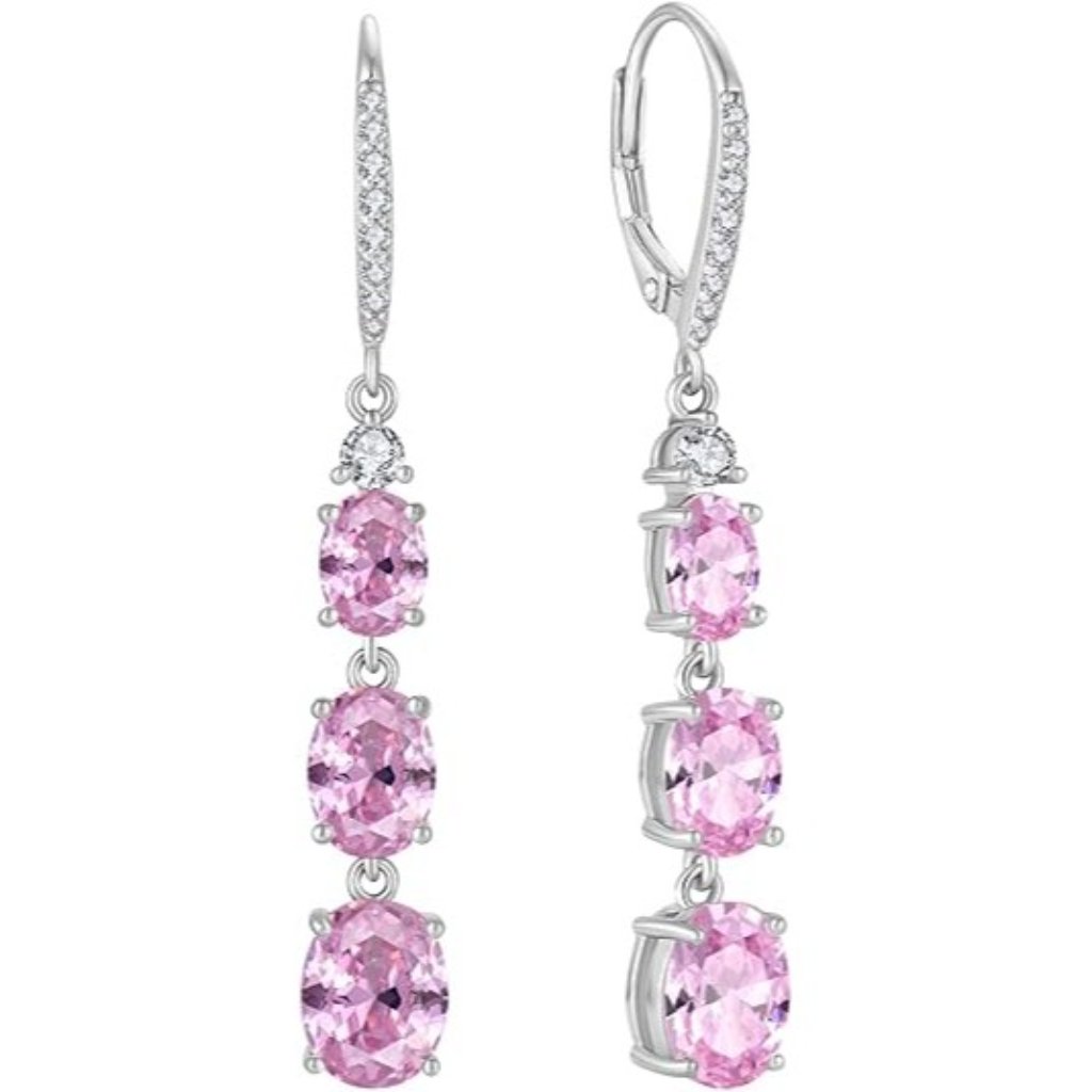 October Tourmaline Color 925 Silver Birthstone 3-Stone Leverback Earrings 5a Cz